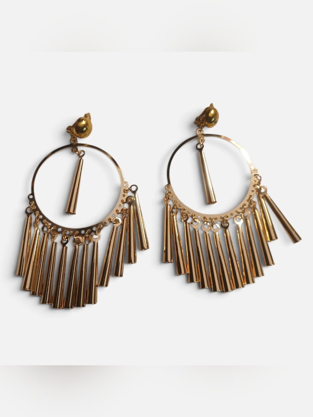 Clip On Gold Fringe Hoop Dangle Earrings by